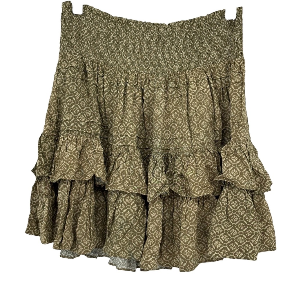 Lauren Ralph Lauren Mini Skirt Olive Green Geometric Tiered Smocked Petite 10P